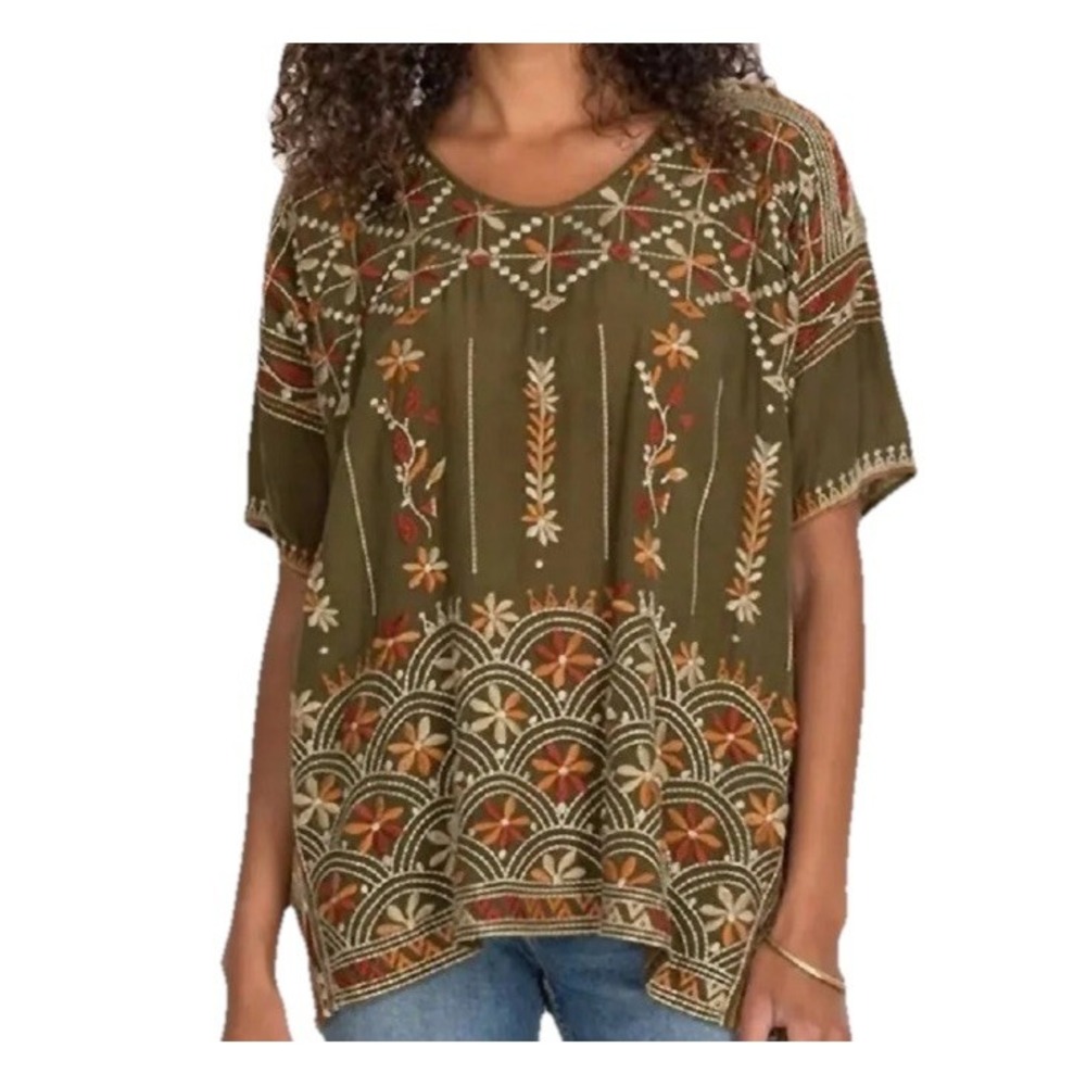 Johnny Was Sz S Aubrey Embroidered tunic top shell oversized Autumn Green Brown